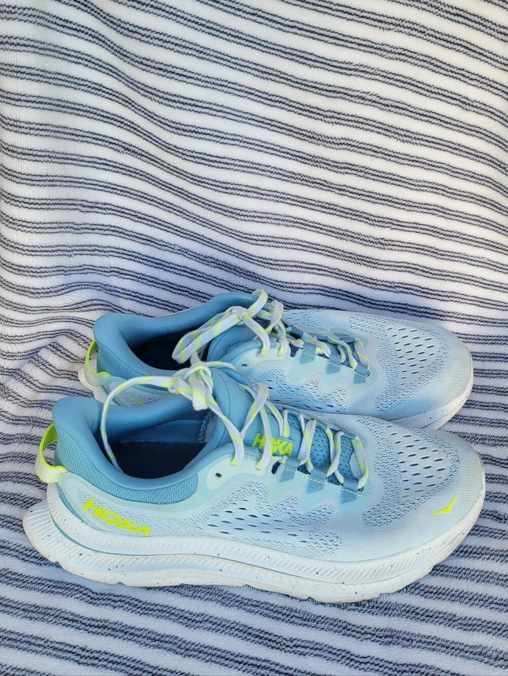 Hoka Women's Pale Blue Athletic Running Shoes with Neon Yellow Accents